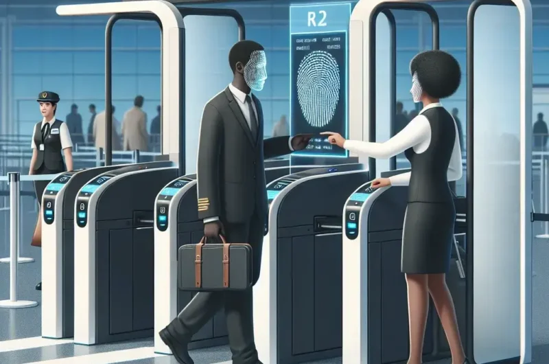 "Delta Airlines employee demonstrating biometric boarding technology at U.S. airport, showcasing seamless travel experience and advanced security measures."