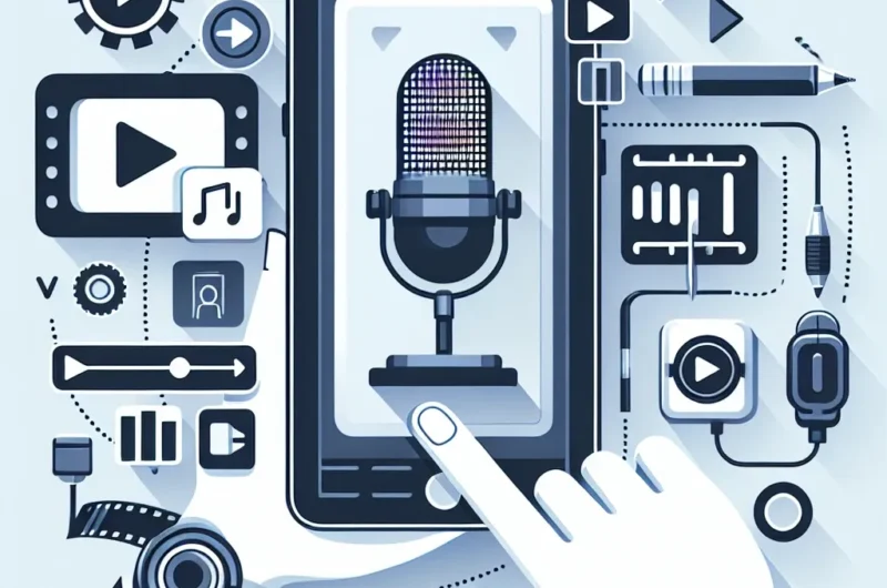 "Smartphone displaying voiceover explainer video editing app interface, showcasing features for content creators in a modern workspace setting, highlighting tools for enhancing audio and visuals."