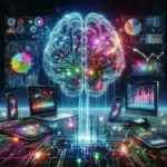 "AI technology enhancing content marketing strategies, showcasing charts and analytics on a laptop screen, symbolizing the revolution of digital strategy in the modern era."