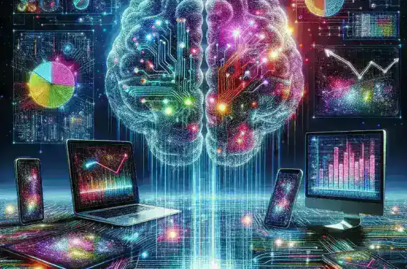 "AI technology enhancing content marketing strategies, showcasing charts and analytics on a laptop screen, symbolizing the revolution of digital strategy in the modern era."