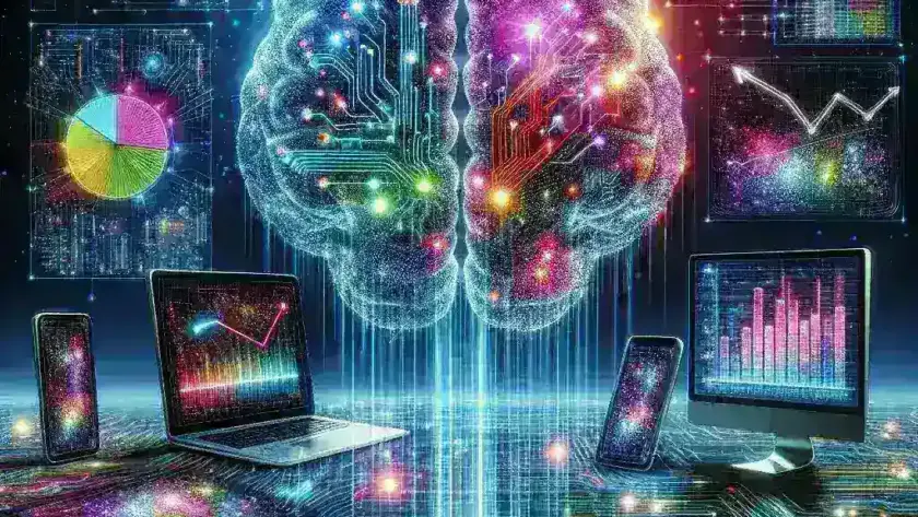 "AI technology enhancing content marketing strategies, showcasing charts and analytics on a laptop screen, symbolizing the revolution of digital strategy in the modern era."