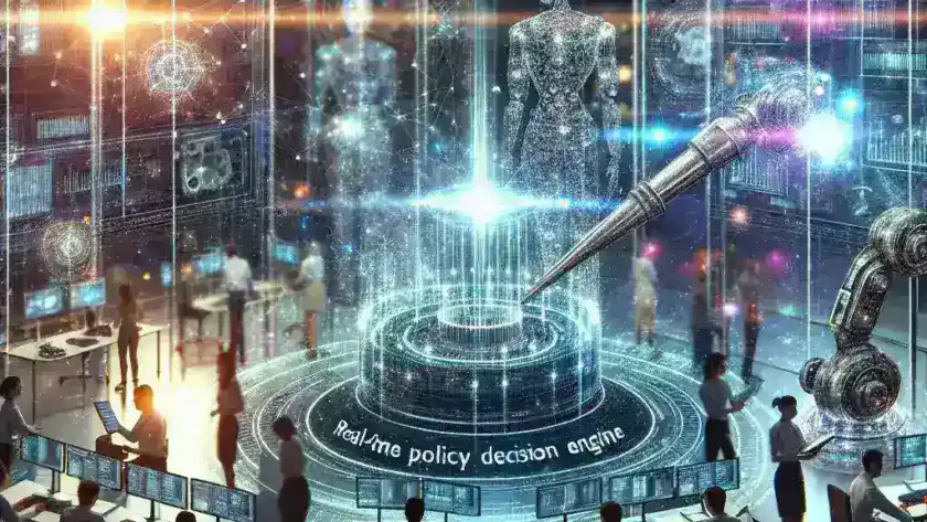 "Graphical representation of a Realtime Policy Decision Engine analyzing data and optimizing business operations through intelligent automation, illustrating its impact on workflow efficiency and decision-making processes."